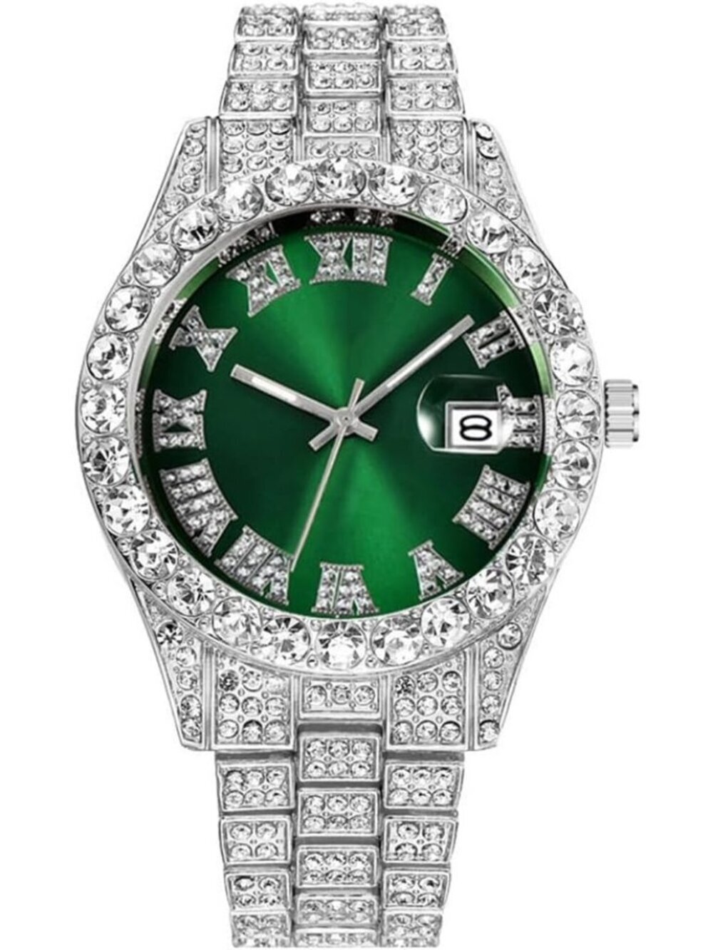 Men's 42mm Silver Green Iced-Out Bling Diamond Luxury Quartz Elegant Wrist Watch